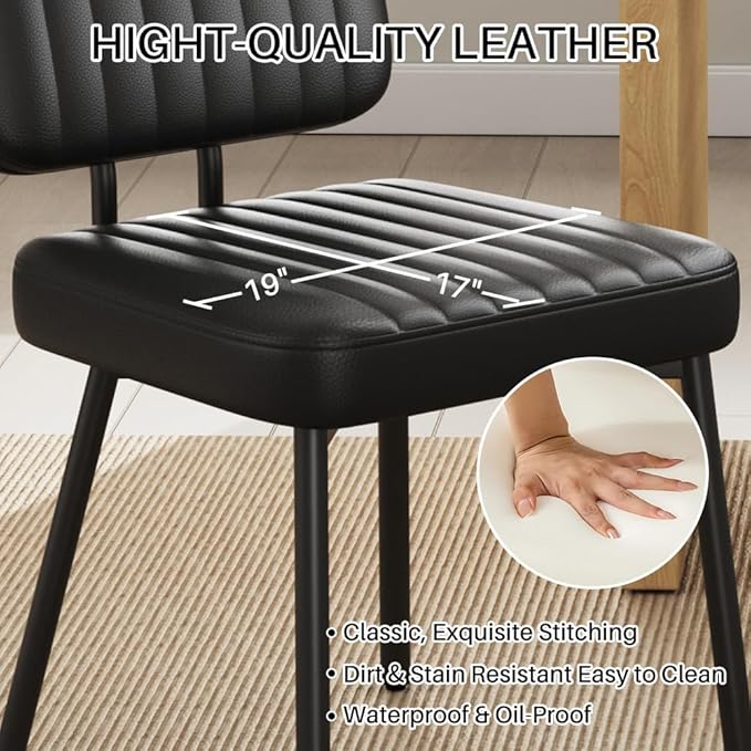 Dining Chairs, Upholstered Mid Century Modern Kitchen Dining Room Accent Chairs with Faux Leather Cushion Seat & Metal Legs for Kitchen, Living Room (Black, Set of 2)