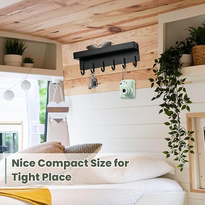 Magnetic Key Holder Wall Mount, Small Metal Key Rack with Tray, 9.6 Inch, 6 Hooks, 2 Installation Options, Black