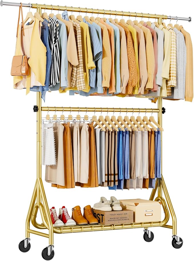 Heavy Duty Clothes Rack for Hanging Clothes, Double Rods Clothing Rack with Lockable Wheels, Rolling Metal Garment Racks Heavy Duty, Portable Wardrobe Closet Racks, Gold