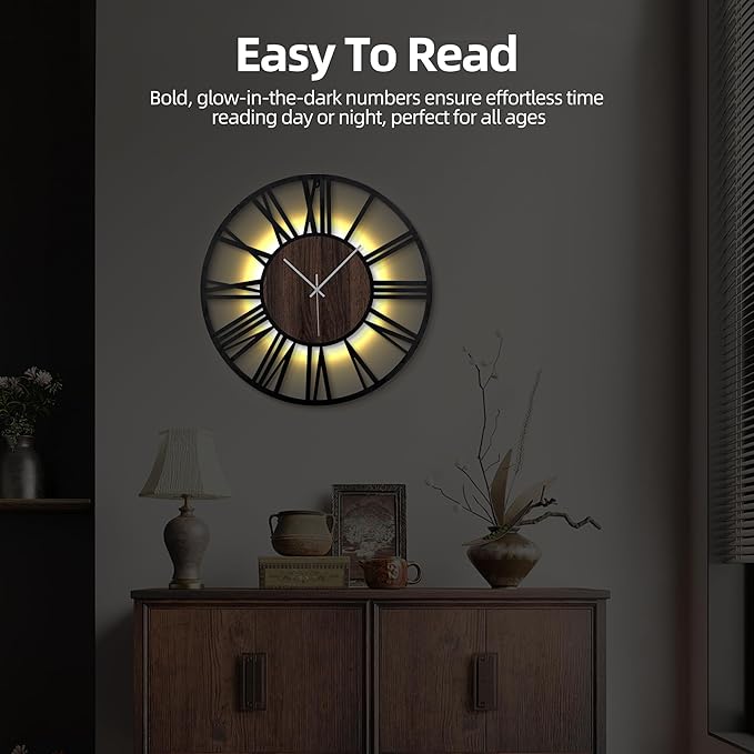 24 Inch Large Metal Wall Clock with Voice and Light Sensor Night Light, Glow in The Dark Non-Ticking Silent Battery Operated Decorative Oversized Wall Clock for Bedroom Living Room Decor