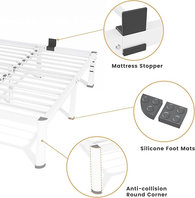 20 Inch King Size Metal Bed Frame with Round Corners, Storage Space Under High Bed Frame-Heavy Duty Steel Slats Support, Noise Free - Easy Assembly - No Box Spring Needed,White