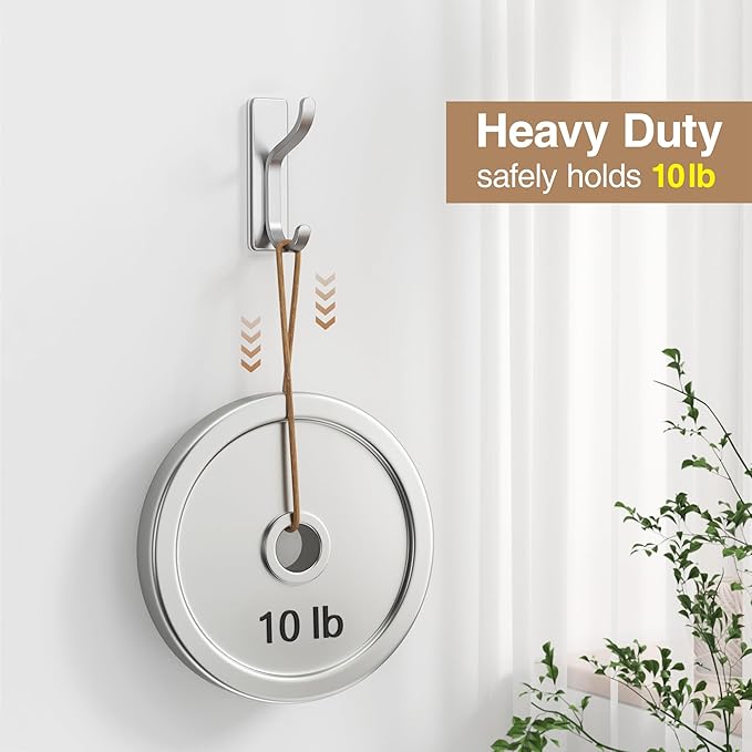 pickpiff 10-Pack Adhesive Wall Coat Hooks - Heavy Duty Stick-On Door Hanger, Metal Hook for Hanging Towel,Purse, Robe, Backpack, Jacket, Clothes - for Bathroom,Dorm, Closet, Kitchen - Silver