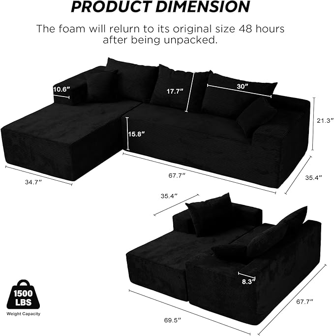 Black Sectional Couches for Living Room, Boneless Couch with L-Shape Chaise, Modular Sofa in Box with Deep Seat, No Assembly Required
