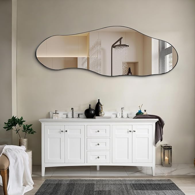 Irregular Mirror Full Length, 63"x22.5" Large Asymmetrical Wall Mirror, Black Metal Frame Abstract Decorative Mirrors for Living Room Bathroom Bedroom Hallway Entryway Fireplace