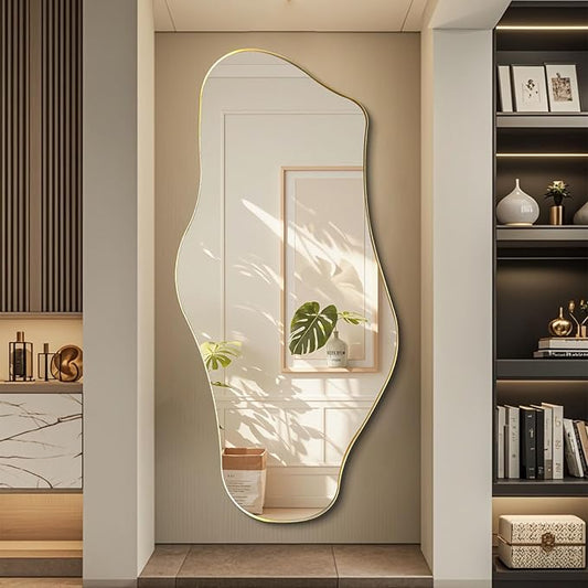 Large Irregular Mirror, 63"x29" Asymmetrical Full Length Mirrors for Dressing, Gold Metal Frame Abstract Wall Mirror, Unique Shaped Mirrors for Living Room Bathroom Bedroom Hallway Entryway