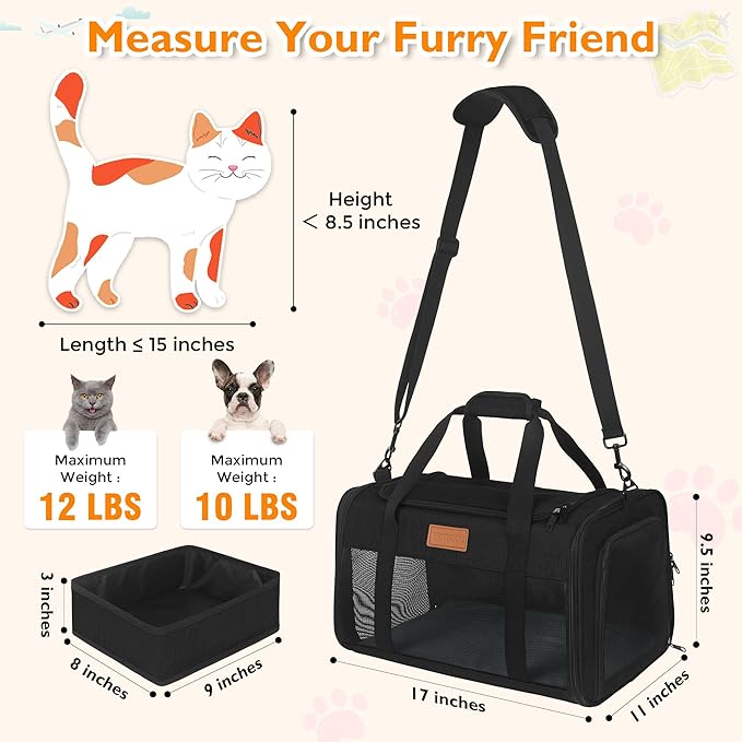 PETUX Pet Carrier Airline Approved - 17"x11"x9.5" Cat Travel Carrier with Litter Box for Small Cats up to 12 lb - Top Open Portable TSA Approved Pet Carrier in Cabin for Travel and Vet Visit - Black