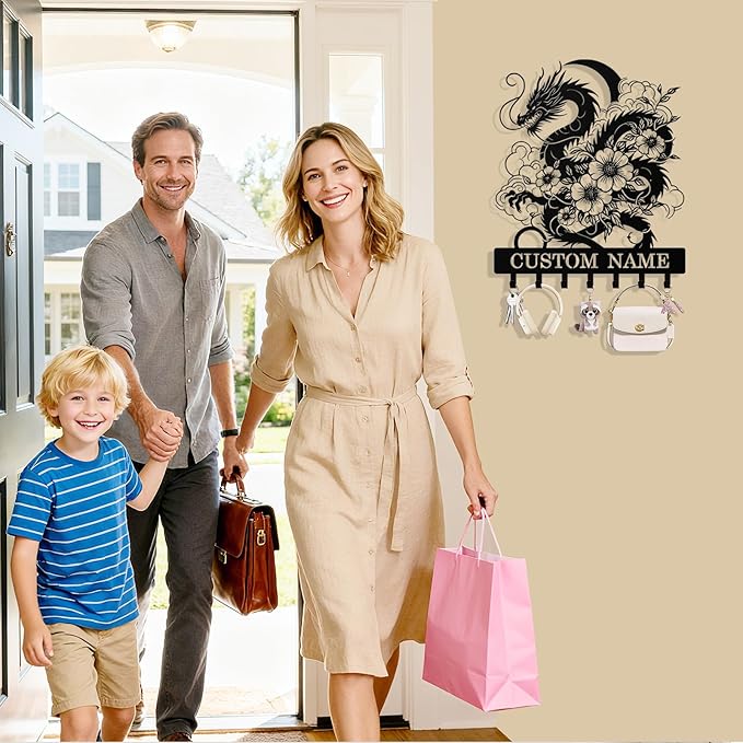 Personalized Key Holder Wall Mount, Custom Metal Dragon Keys Holder for Wall with Name, Wall Key Hanger Rack with Hooks for Entryway, Front Door, Living Room, Kitchen, Bathroom, Garden