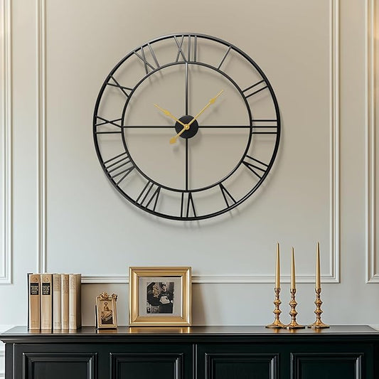 30 Inch Large Wall Clock, Modern Decorative Wall Clocks Silent Non Ticking Battery-Operated, Black Metal Round Clock for Living Room Kitchen Office Mantel - Roman Number
