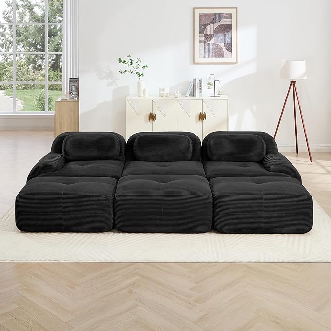 Black Ottoman for Modular Sectional Sofa, Corduroy Deep Seat for Oversized Compressed Boneless Sectional Couches for Living Room Bedroom Apartment, Cloud Sofa Couch Set, Memory Foam, No Assembly