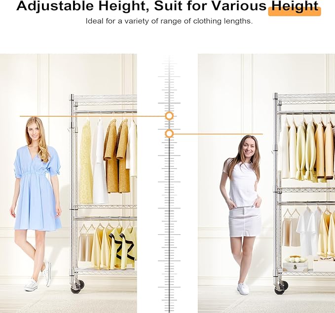 Heavy Duty Rolling Garment Rack 3 Tiers Adjustable Wire Shelving Clothes Rack with 2 Rods and Side Hooks,Storage Closet Clothing Rack with Wheels Chrome 15.7" D x 29.5" W x 74.5" H