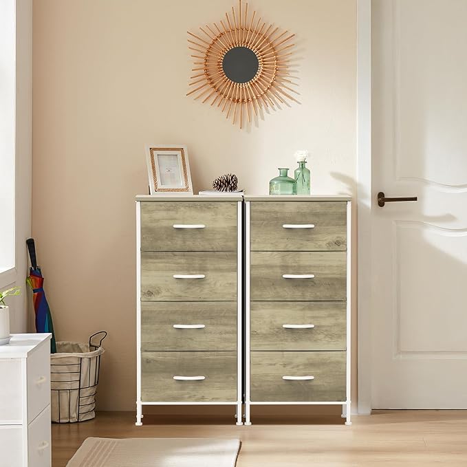 DUMOS Nightstand with 4 Drawers Bedside Table with Removable Fabric Bins Sturdy Steel Frame Wood Top Organizer Furniture for Bedroom Closet Living Room,Oak Greige