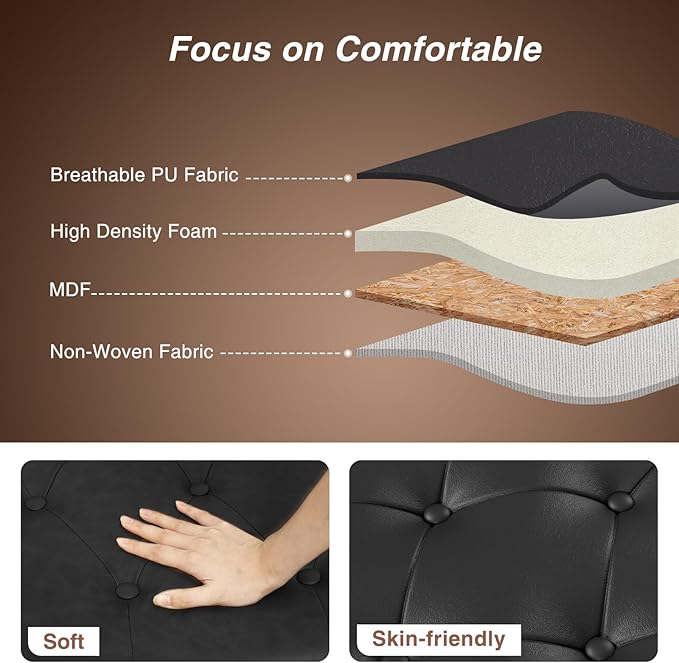 55 Inch Bedroom Bench, End of Bed Bench with Storage, Bed Benches for Foot of Bed, Faux Leather Window Bench with Rolled Arms, Upholstered Storage Bench with Tufted Button and Nailhead Trim, Black