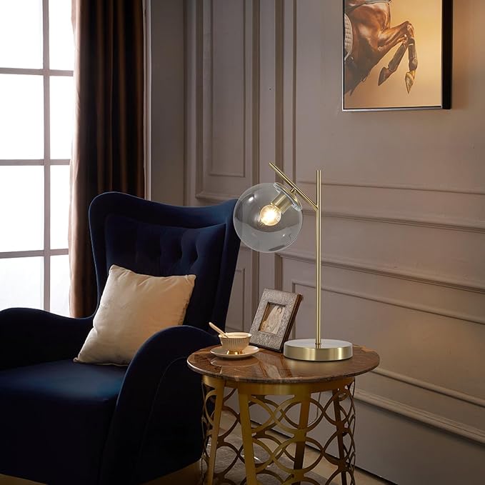 Mid Century Desk Lamp, Glass Globe Table Lamp with Gray Glass lampshade, Gold Modern Bedside Lamps for Bedroom Living Room Study Room
