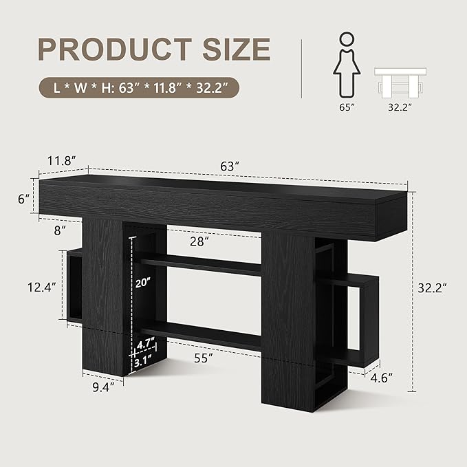 Feonase 63 Inches Long Console Table for Entryway, Wooden Sofa Table Behind Couch with 3-Tier Storage, Modern Narrow Entry Hallway Table for Living Room Foyer Entrance, Black