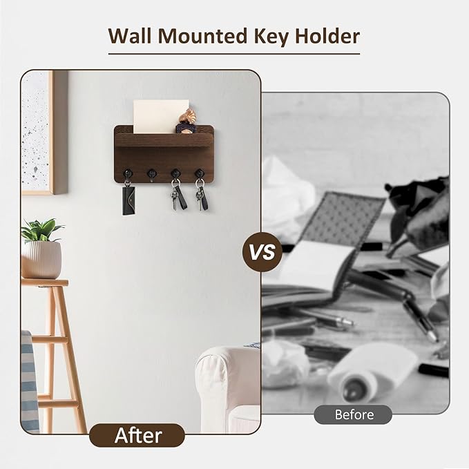 Nekon Key Holder Wall Mount, 8.5 Inch Small Home Decor Wooden Wall Organizer with 4 Hooks and Shelf, Key and Mail Holder for Living Room Entryway Kitchen (Brown)