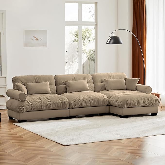 130" Oversized Couch, 3 Seater Sectional Couches for Living Room, Camel Velvet Large L Shaped Fluffy Modular Couch Set