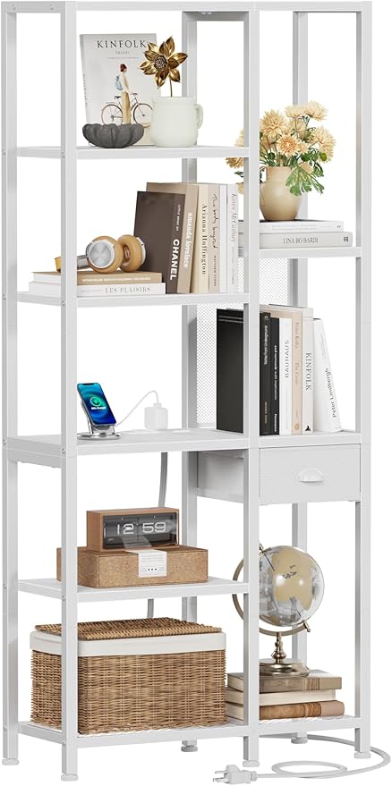 Furologee Bookshelf with USB Ports and Outlets, Shelf with Drawer, Mordern Display Shelves with Charging Station, 6 Tier Storage Shelves for Bedroom, Living Room, Home Office, White