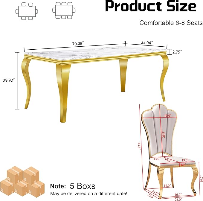 Dining Table Set for 6, 7-Piece Kitchen Table Chairs Set, Modern Dining Room Set with 70'' Marble Dinner Table and 6 Petaloid Backrest Upholstered Chairs for Kitchen, White & Gold