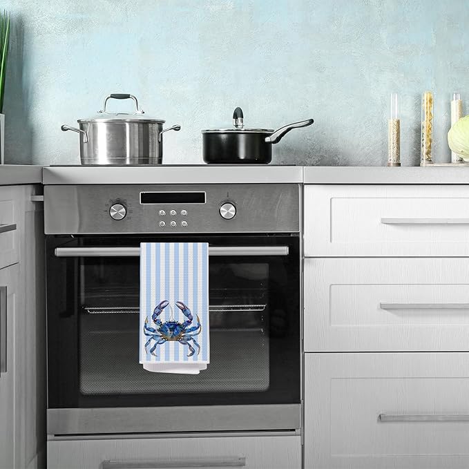 Blue Crab Coastal Bathroom Decor Hand Towels, Coastal Nautical Dish Tea Towels, Blue Striped Beach Ocean Animal Decorative Hand Towel for Bathroom Kitchen, 16x24 Inch