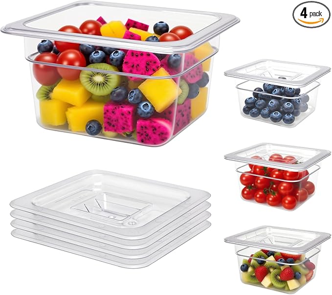 4 Pack Plastic Food Pans with Lids,1/6Size4 Inch Stackable Restaurant Clear Food Storage Containers,Polycarbonate Commercial Hotel Pans for Fruits Vegetables Beans Corns(4Pack 4" Deep)