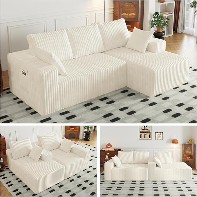 94" Cloud Sectional Couch with L-Shape Chaise,4 Seat Modern Modular Sofa with Side Pockets,Upholstered Couches for Living Room Bedroom, Boneless Couch,No Assembly Required