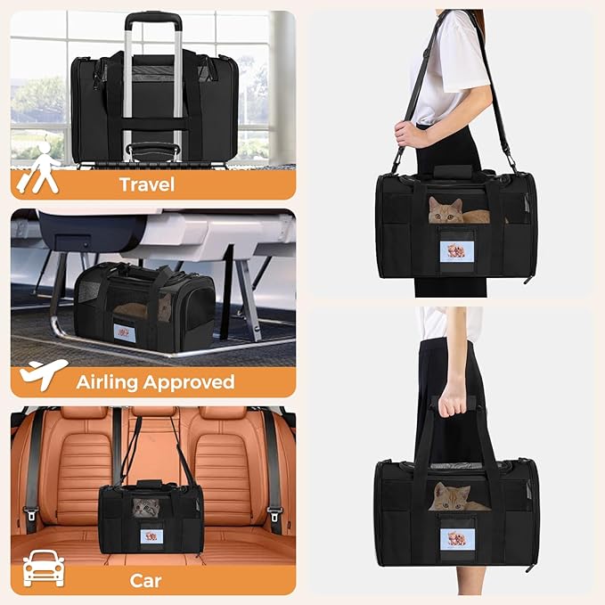 Pet Carrier 17Lx12Wx11H inches, Airline Approved,Pet Travel Carrier Bag for Small Cats and Dogs, Soft Dog Carrier for 1-25 LBS Pets,Dog Cat Carrier with Safety Lock Zipper (Black)