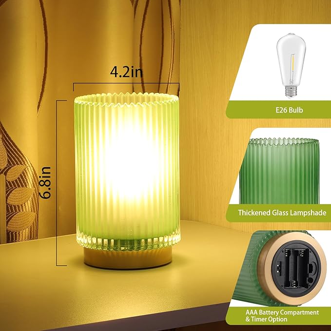 Battery Operated Lamp, Cordless Table Lamp with Timer, Desk Bedside Lamps with LED Warm Light, Glass Small Table Lamp for Bedroom, Bathroom, Living Room, Home Decor - Matte Green