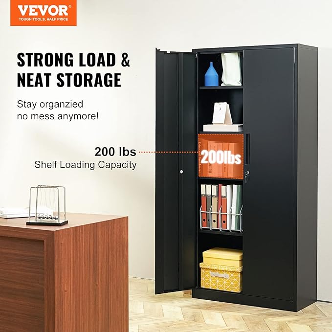 VEVOR Metal Storage Cabinet, Steel Locking Storage Cabinet with 2 Magnetic Doors and 4 Adjustable Shelves, 71'' Metal Cabinet 200 lbs Capacity per Shelf with 3 Keys, for Office, Home, Garage, Black
