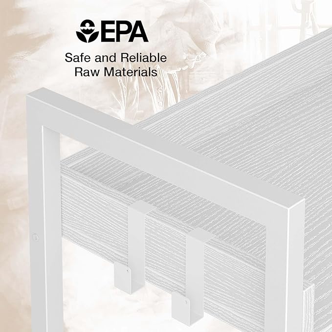 Rolanstar Bookshelf 5 Tier with 4 Hooks, Industrial Wood Bookcase, Vintage Storage Rack with Open Shelves, Rustic Standing Bookshelves Metal Frame Display Rack for Living Room, Bedroom, White