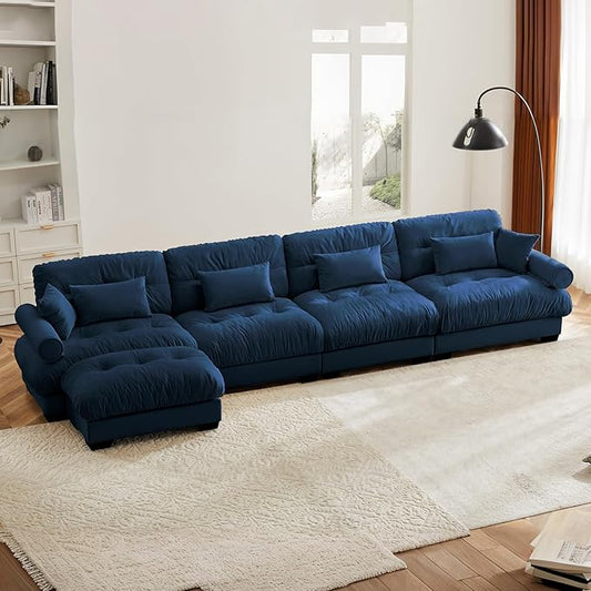166" Oversized L Shaped Sectional Sofa, 4 Seater Modular Velvet Cloud Couch with Ottoman, Blue Large Fluffy Couch Set for Living Room