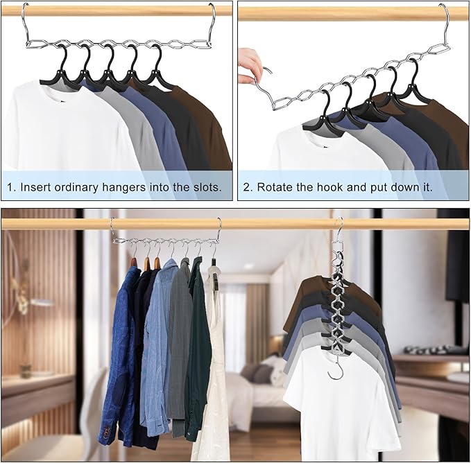 6 Pack Space Saving Hangers for Clothes, Heavy Duty 30Lbs Capacity Magic Clothes Space Saver Sturdy Metal Hanger Organizer with 360° Swivel Hook, Closet Organizers Storage Dorm Essentials Silver