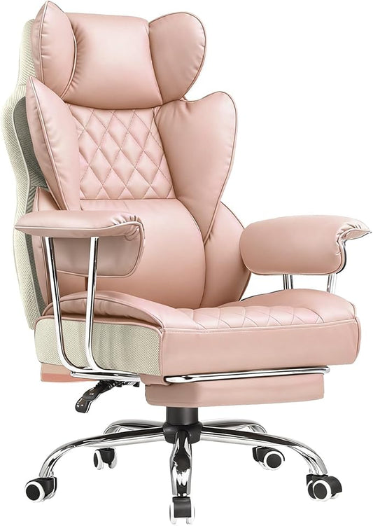 COMHOMA Big and Tall Office Chair, High Back Leather Gaming Chair with Footrest, Executive Ergonomic Office Chairs with Pocket Spring Lumbar Support and with Outward Fixed Soft Armrests