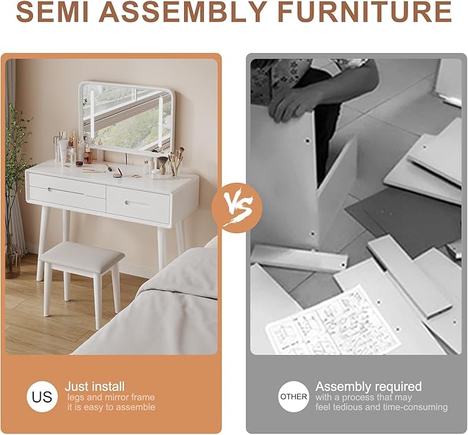 Solid Wood Vanity Desk with Mirror and Lights,Adjustable Height and Brightness, Makeup Vanity with 3 Drawers,Semi-Assembled,Dressing Table for Bedroom (White)