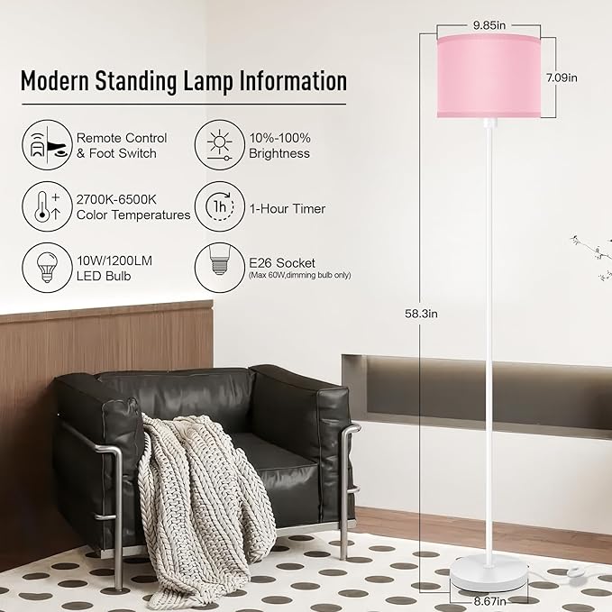 Floor Lamps for Living Room, Stepless Dimmable Floor Lamp with Remote, 2700K-6500K Colors Temperature & Brightness Adjustable,10W/1200LM LED Pink Floor Lamp, Modern Standing Lamp for Girls Bedroom