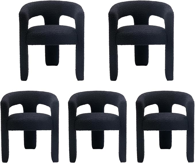 Modern Sherpa Dining Chairs Set of 5, Upholstered Barrel Chairs with Arms Comfy Accent Side Chairs for Living Room/Dining Room/Reception, Black