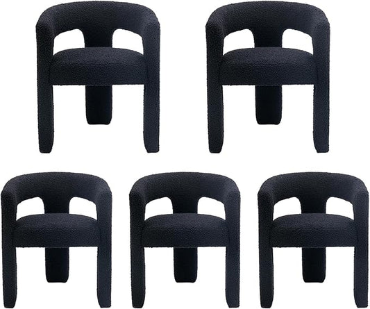 Modern Sherpa Dining Chairs Set of 5, Upholstered Barrel Chairs with Arms Comfy Accent Side Chairs for Living Room/Dining Room/Reception, Black