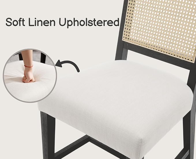 EALSON Rattan Dining Chairs Set of 2 Linen Upholstered Dining Room Chairs with Cane Back Mid Century Modern Kitchen Chairs Black Wood Frame Side Chair for Dining Room, Beige