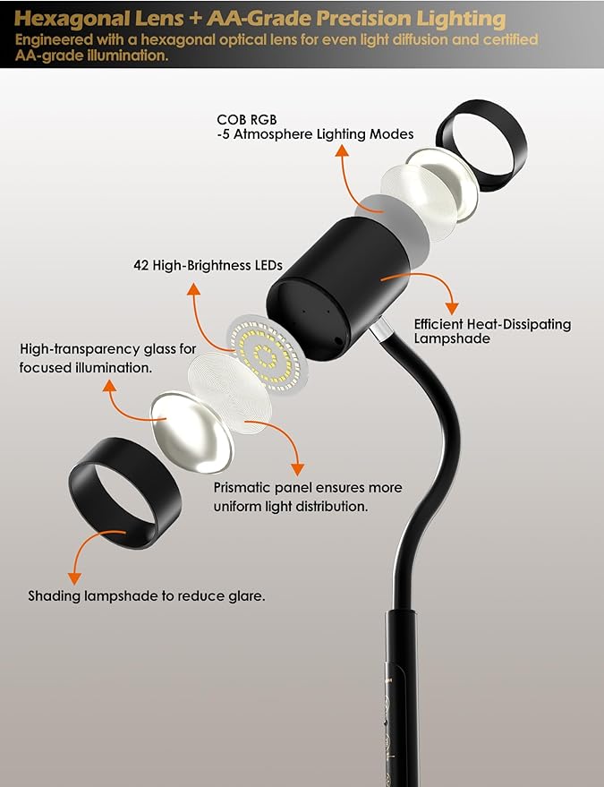 Dual-Side Floor Lamp for Living Room, 17W Tall Standing LED Lamp with Remote, 5 Color Temps & RGB Ambient Modes, Dimmable Reading Lamp with Gooseneck, Modern Black Corner Lamp for Bedroom Home Office