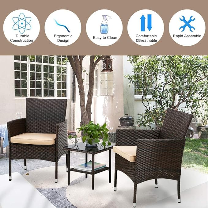 FDW | 3-Piece Patio Furniture Set | Brown | Outdoor Wicker Furniture with Coffee Table | Modern Rattan Chairs Conversation Set | Outdoor Seating | Weather-Resistant | for Porch, Garden, Lawn