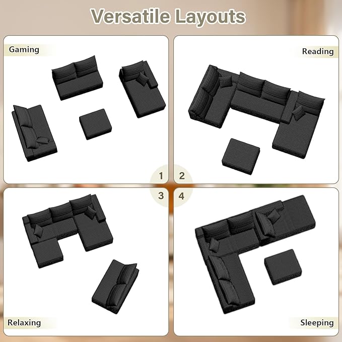 166.9" L-Shape Sofa with Ottoman, Modern Modular Sectional Comfy U-Shape Cloud Couch, Deep Seat, Upholstered Corduroy Sleeper Chaise Longue for Living Room Bedroom, No Assembly Required, Black