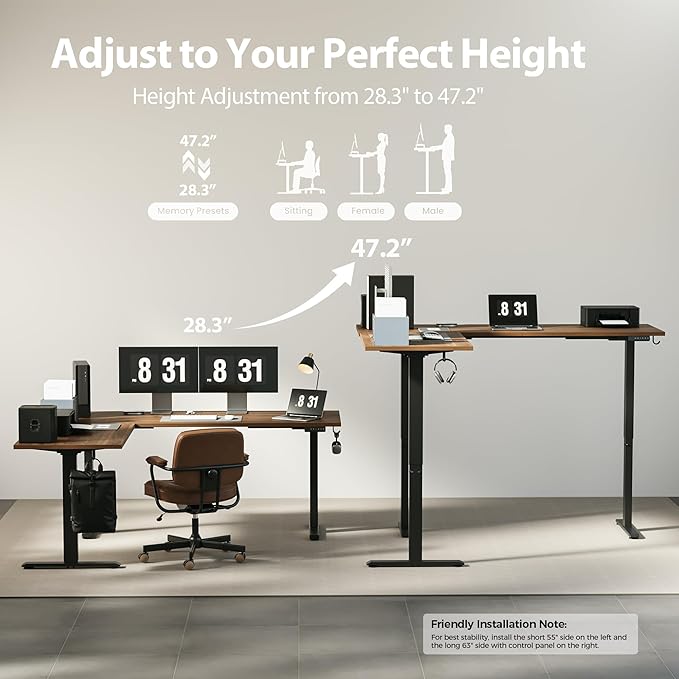 Agilestic Triple Motors 73" x 60" L Shaped Standing Desk, Electric Standing Desk Adjustable Height, Extra Large Desktop Corner Table for Home Office, Gaming Workstation, Splice Board, Dark Walnut