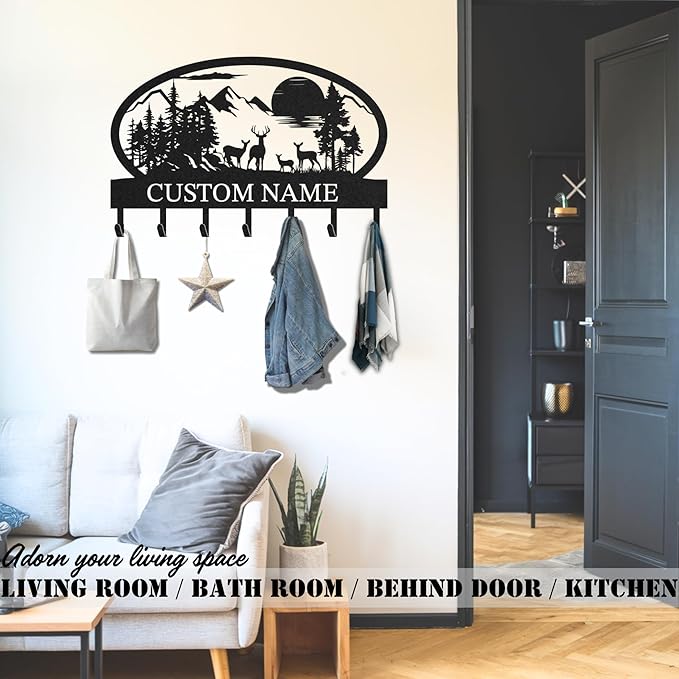 Personalized Key Holder for Wall, Custom Metal Deer Cabin Key Hooks with Name, Metal Jacket Holder Hooks Organizer Rack, Coat Hanger Decor for Kitchen, Entryway, Hallway, Office, Doorway
