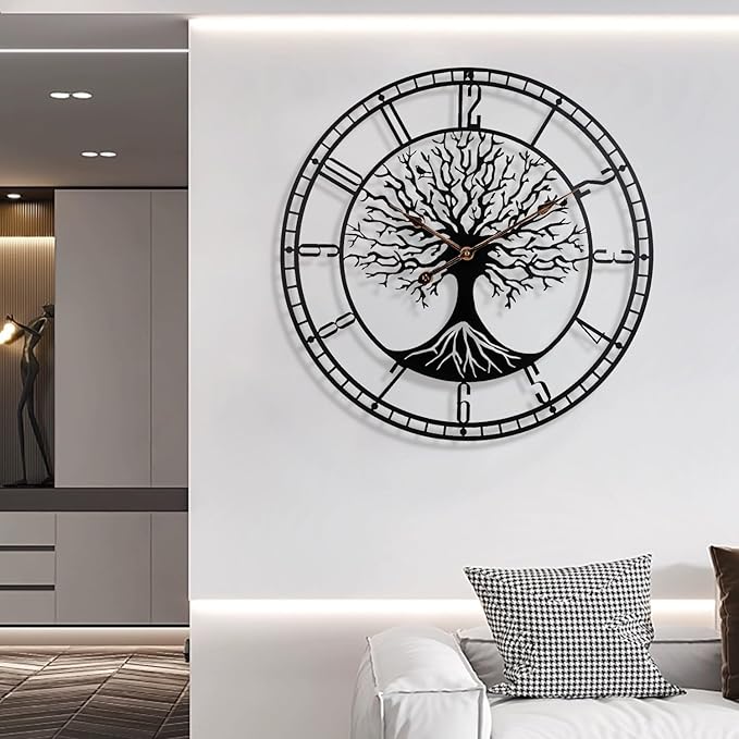 Tree of Life Wall Clock, 24Inch Metal Black Family Tree Oversized Wall Clocks for Living Room Bedroom Home Decor, Modern Silent Mid-Century Battery Operated