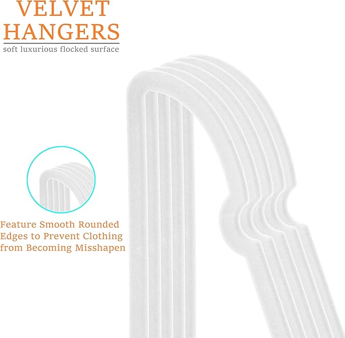 White Velvet Hangers 50 Pack, 16" Non Slip Adult Hangers, Slim Clothes Hanger with 360 Degree Swivel Hook - Durable & Cute