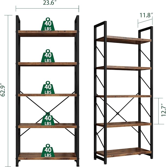 Shintenchi 5 Tiers Bookshelf, Classically Tall Bookcase Shelf, Industrial Book Rack, Modern Book Holder in Bedroom/Living Room/Home/Office, Storage Rack Shelves for Book, Brown