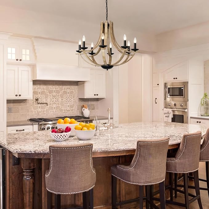 Farmhouse Chandeliers for Dining Room Light Fixture, 8-Light 28" Adjustable Height Retro Faux Wood Texture Rustic Light Fixtures for Living Room Bedroom Kitchen Island Foyer Entryway