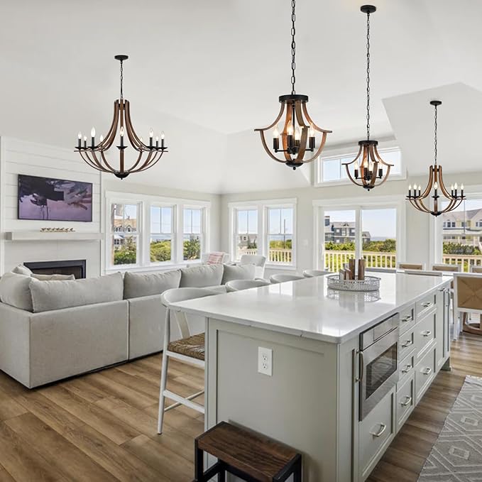 Rustic Chandeliers for Dining Room Light Fixture, 10-Light 35" Adjustable Height Retro Faux Wood Texture Farmhouse Light Fixtures for Living Room Bedroom Foyer Entryway