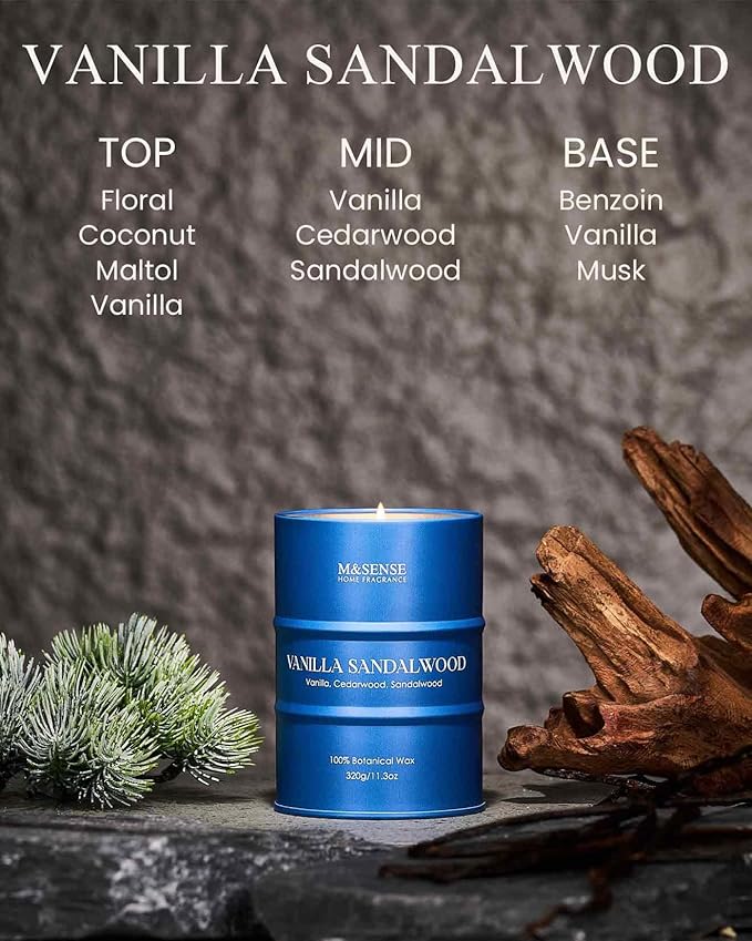 M&SENSE Vanilla Sandalwood Scented Candles Natural Non Toxic, Aromatherapy Candle for Stress Relief Meditation Relaxing, Housewarming Gifts for Women Men, 11.3oz 70 Hour Long Burning