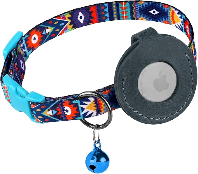 Airtag Cat Collar with Bell - Non Breakaway Soft Pet Collar with Leather Air Tag Holder - Adjustable GPS Anti-Lost Collars for Girl Boy Cats Kitten Puppies, Lightweight and Patterned (Aztec Blue)