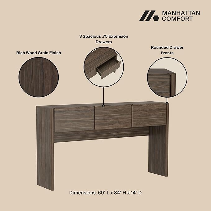 Manhattan Comfort Linda Modern Console Table with 3 Storage Drawers – 60" Narrow Entryway Stand for Living Room, Hallway, or Dining Room – Wood Grain Accent Furniture, Walnut Brown